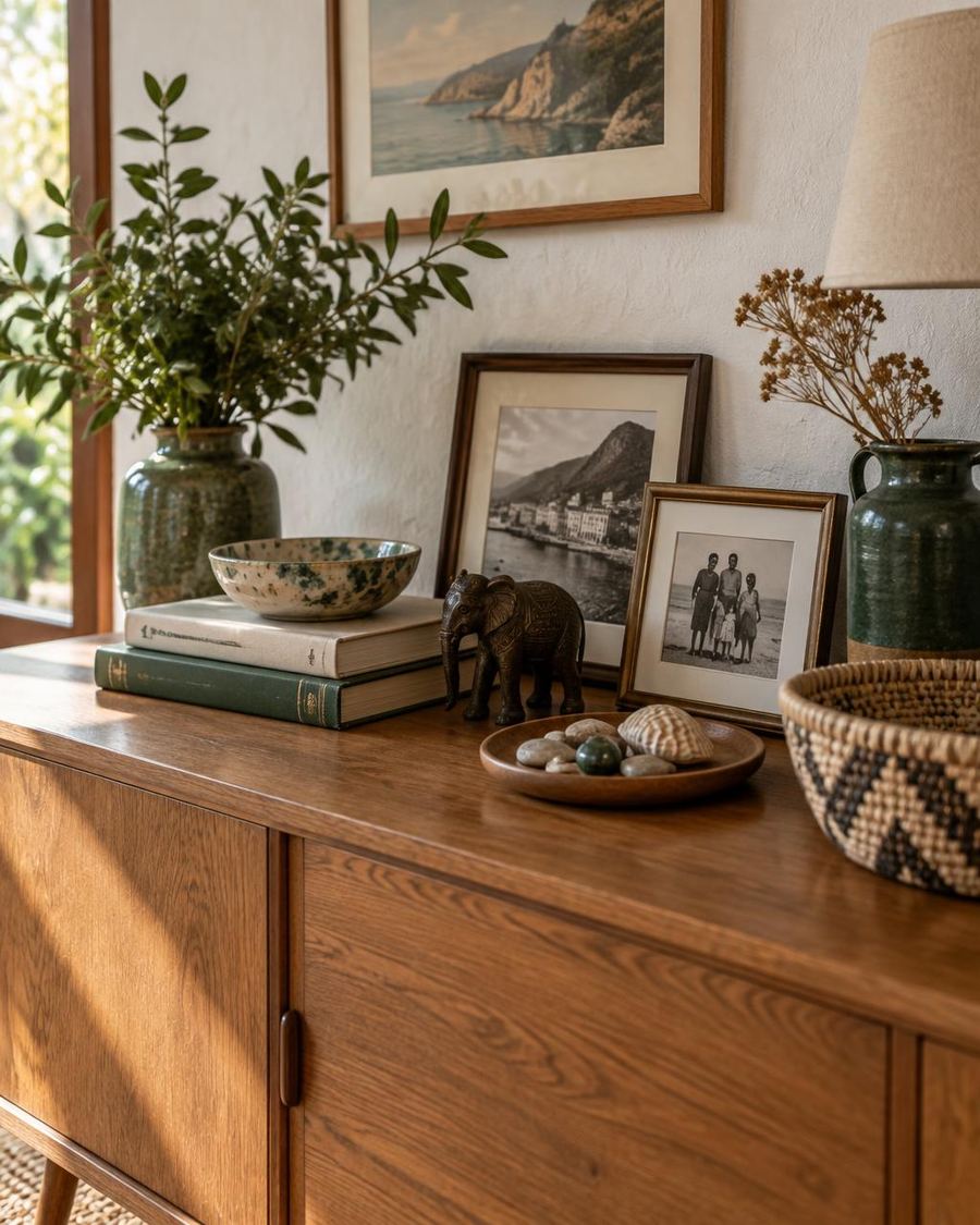 A wooden sideboard styled with family photographs, travel prints, handmade ceramics, a woven basket, and a small bronze elephant.