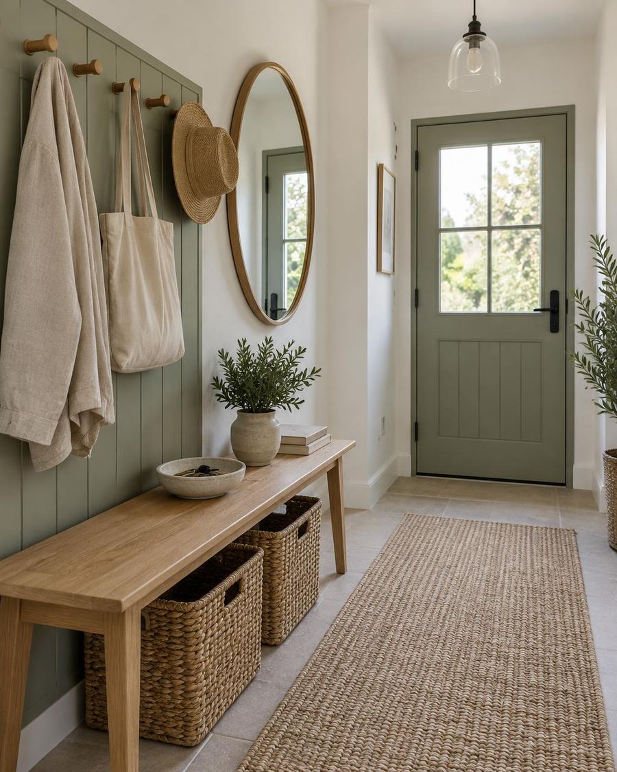 A tidy entrance hallway with an oak bench, woven baskets beneath, wall hooks with a linen coat and bag, a round mirror, and a sage green door.