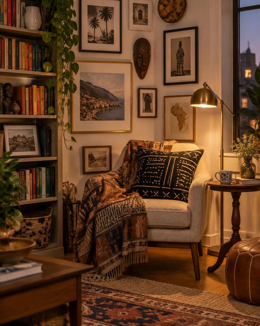 A cosy reading corner with an armchair, patterned throw, gallery wall of framed prints, bookshelves, and a brass floor lamp.